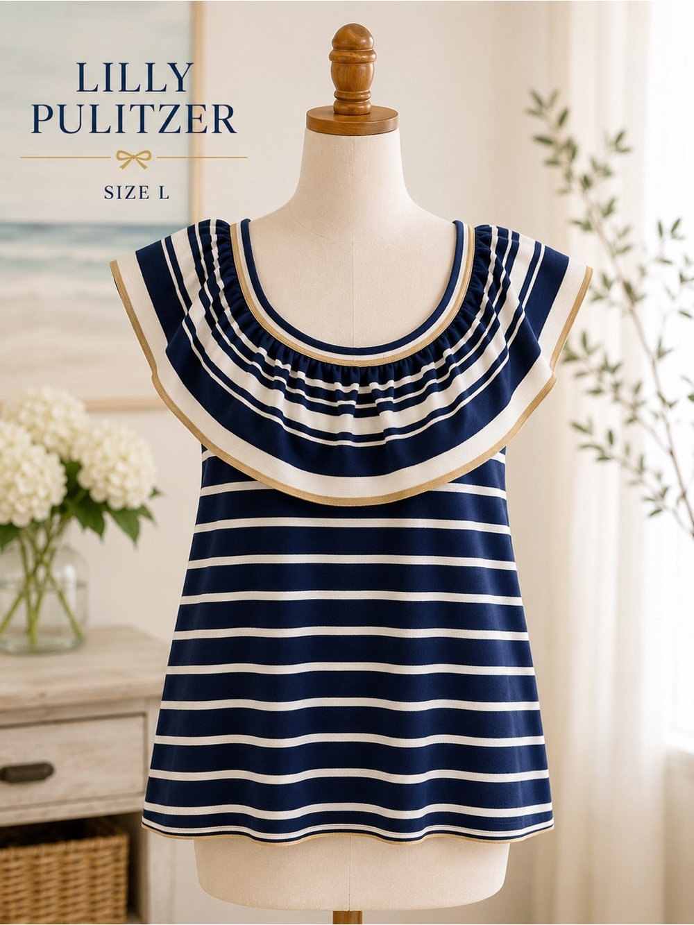 Lilly Pulitzer Ruffle Stripe Top Size L Navy White Gold Trim Resort